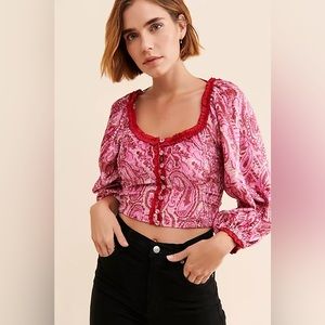 NWT Free People Dare Me Velvet Blouse In Retro Combo Red and Pink Women’s Large
